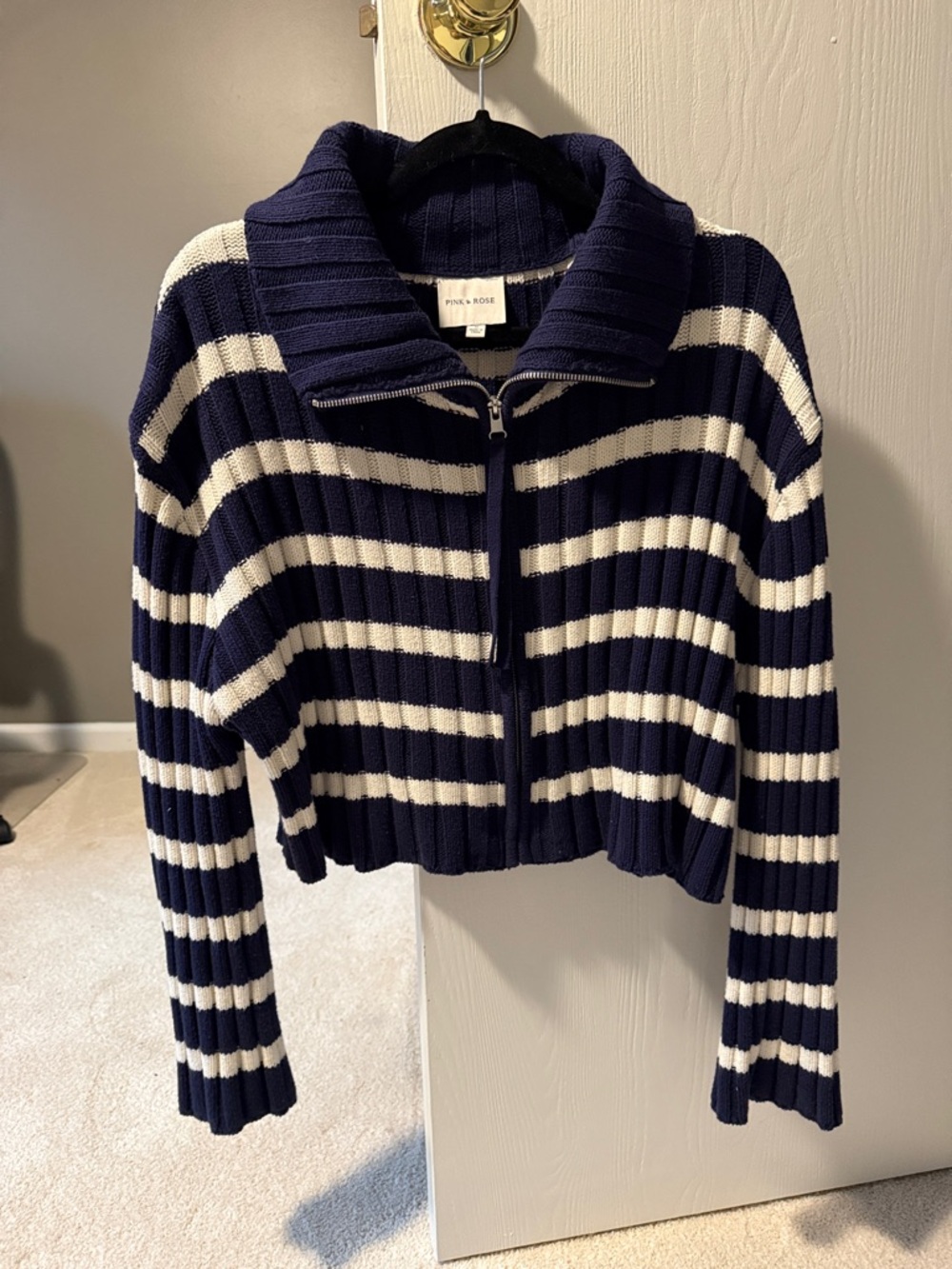 Pink Rose Navy and White Striped Zip-Up Cropped Cardigan